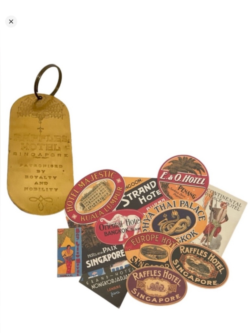 Raffles Hotel Singapore Key Fob and Reproduction Luggage Labels from Raffles